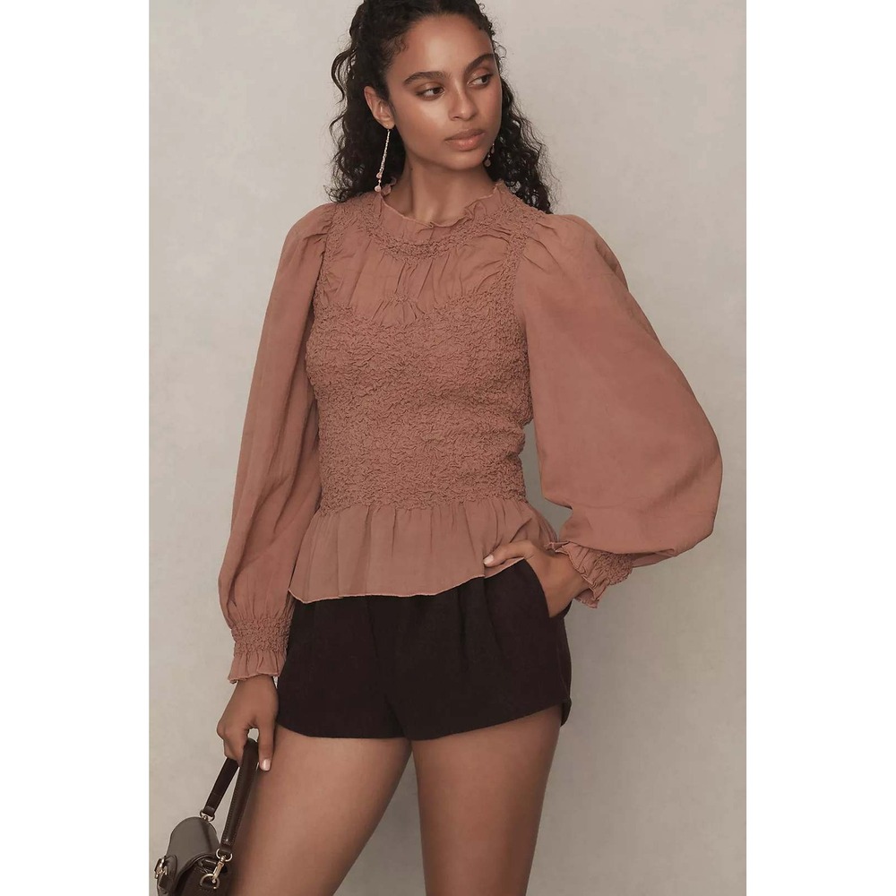 By Anthropologie Balloon-Sleeve Smocked Peplum Blouse Brown XXS OB2099080
